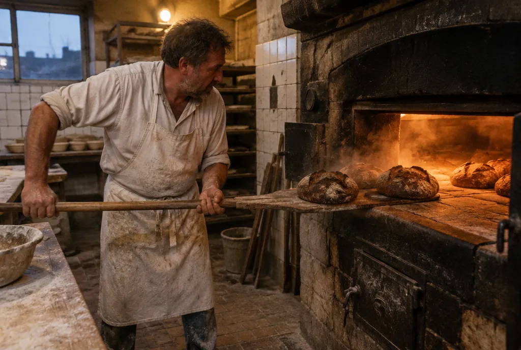 Der Bäcker zieht morgens die Brote mit dem Holzschieber aus dem Steinofen