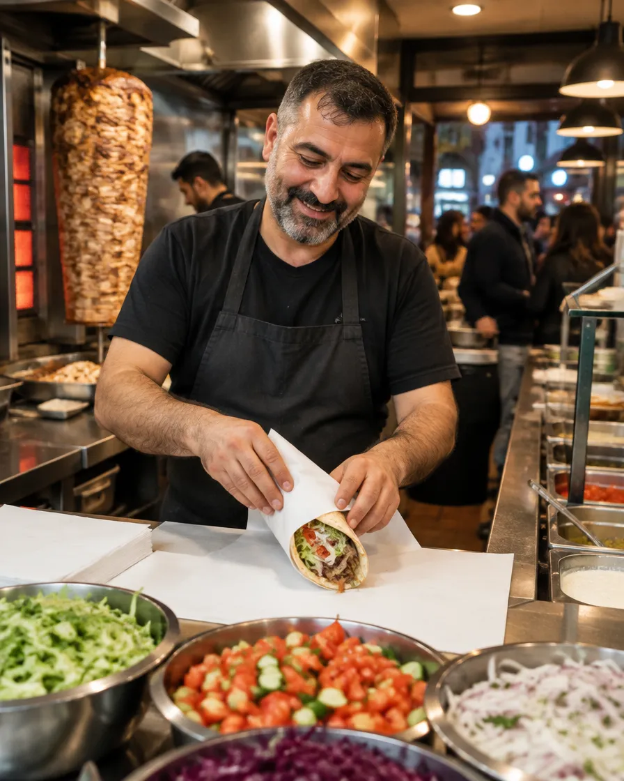 Emre packt hinter der Theke einen Döner in Papier, vor ihm frischer Salat