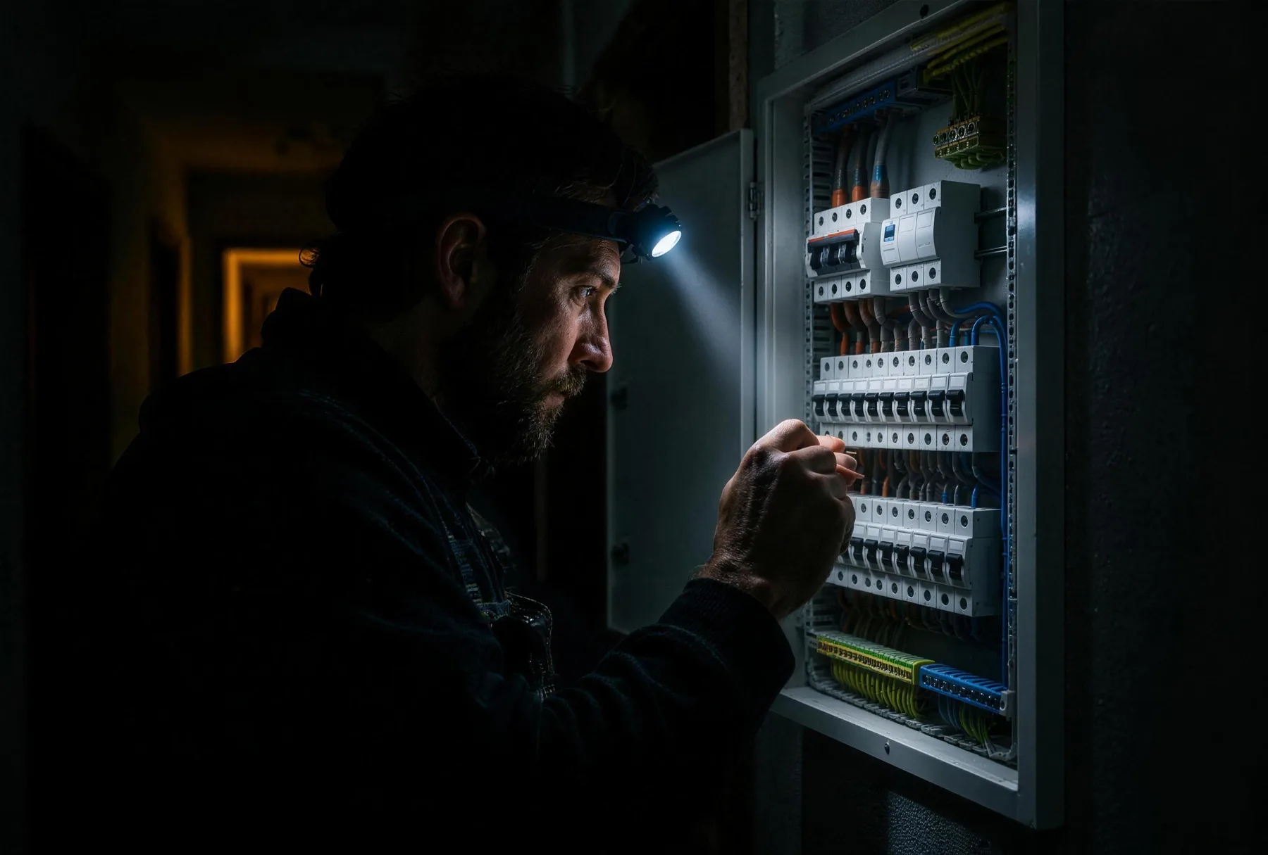 Elektriker mit Stirnlampe arbeitet im Dunkeln an einer offenen Unterverteilung mit Leitungsschutzschaltern und FI-Schalter