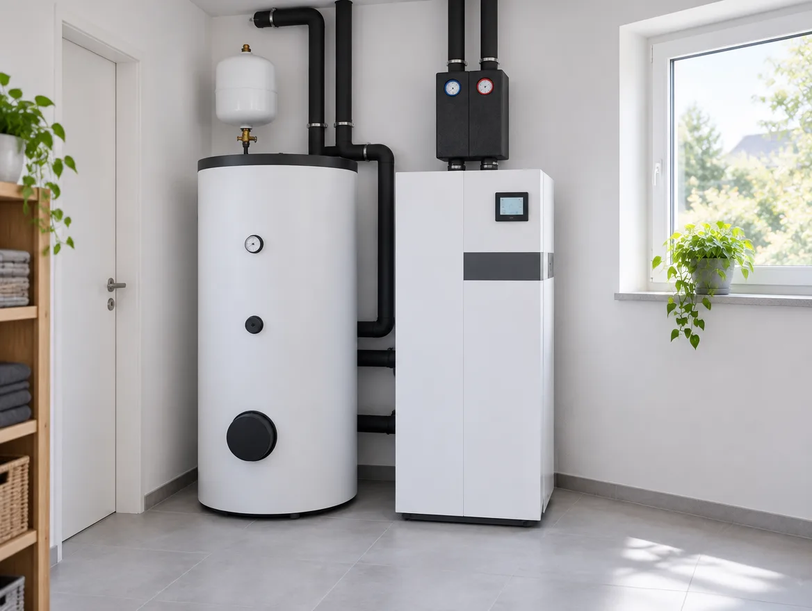 Der Raum nachher: Warmwasserspeicher, Wärmepumpen-Inneneinheit und Hydraulikmodul mit Vorlauf und Rücklauf